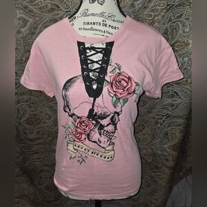 Edgy Pink Graphic Tee with Skull and Roses